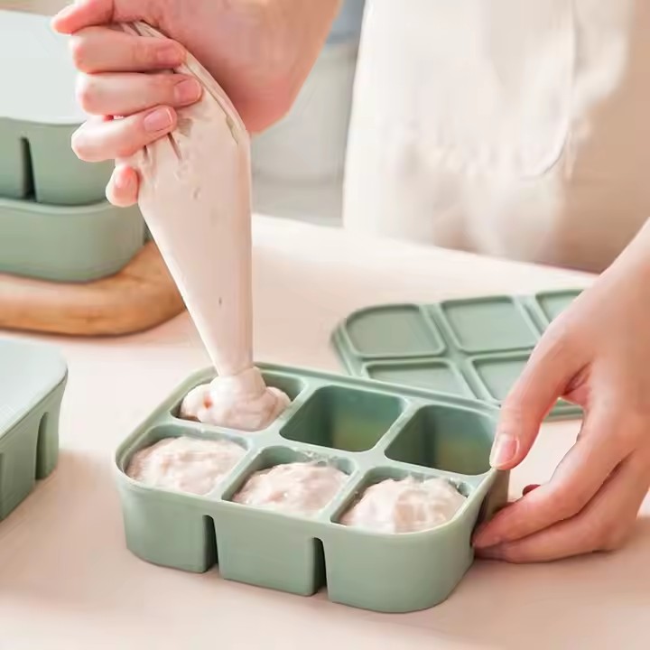High Quality Silicone Six Grid Ice Cube Tray Silicone Baby Food Freezer Storage Box Toddlers Snack Container With Lid