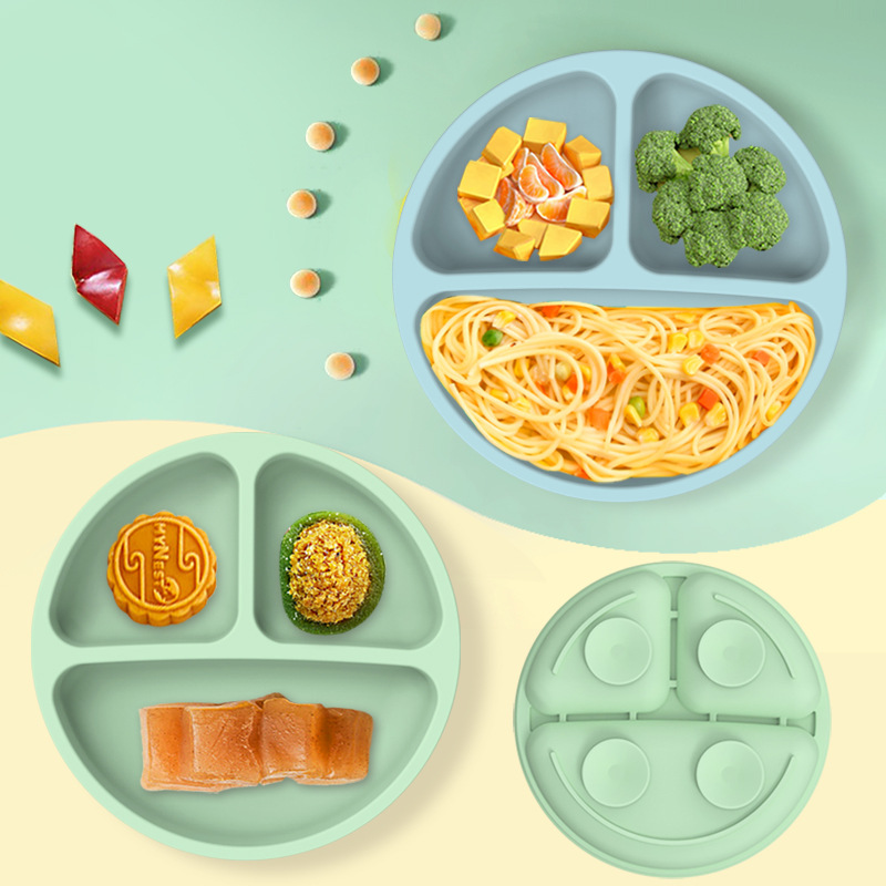 Baby Safe Silicone Dining Plate Solid Cute Cartoon Children Dishes Training Tableware Kids Feeding Bowls Pocket Bib Sippy Cup with Lid Forks Spoons Snack Container