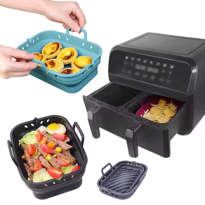 Eco-friendly Rectangle Air Fryer Liners Food Safe Non Stick Silicone Baking Pan Collapsible Air Fryer Pot Mold for Dual Airfryer